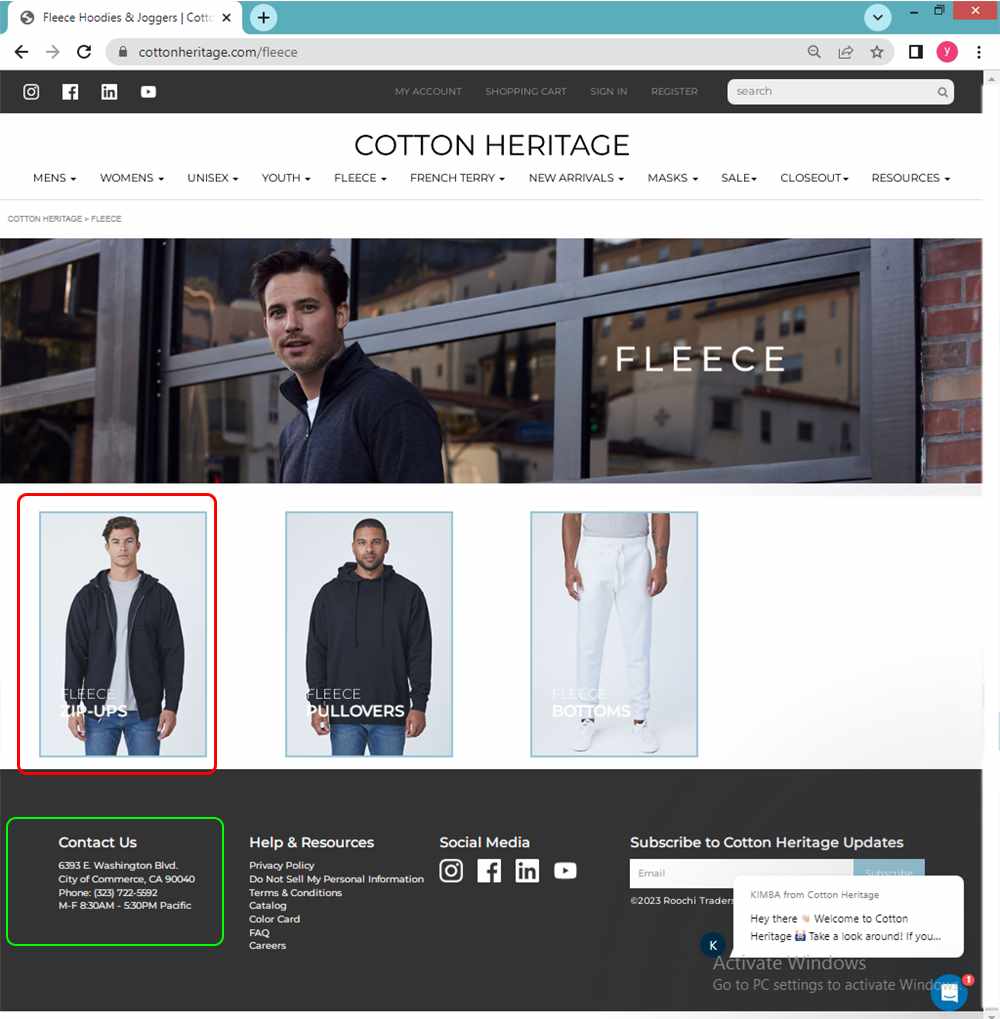 cotton heritage web site fleece menu