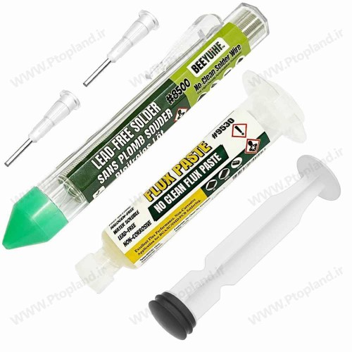 سیم قلع 0.8 میلی‌متری و خمیر فلکس سرنگی BEEYUIHF مدل 9530 | مخصوص لحیم‌کاری حرفه‌ای و SMT