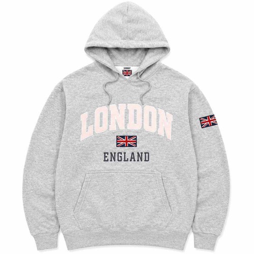 هودی وارداتی تو کرک لطیف طوسی ملانژ طرح جلو گلدوزی شده صورتی و پچ خورده LONDON