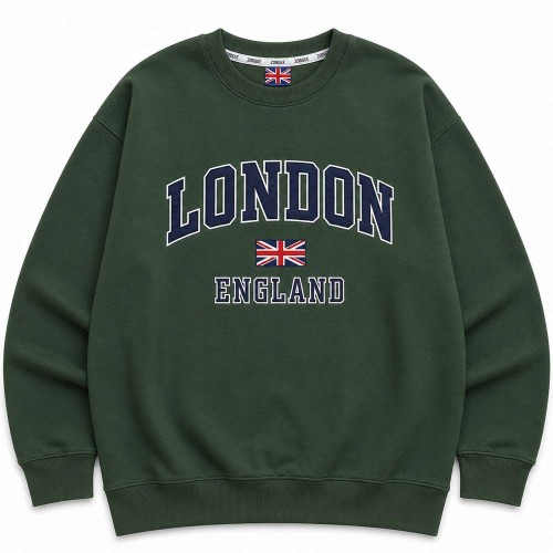 پلیور سبز جنگلی وارداتی داخل کرک نرم و لطیف با پچ و گلدوزی سورمه ای LONDON  