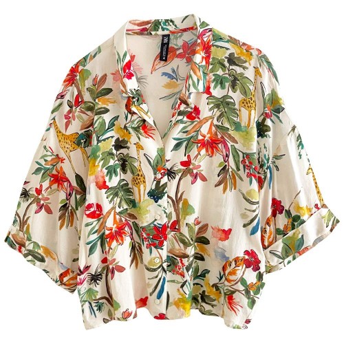 شومیز آستین کوتاه باکس استایل طرحدار نخی ریزشی وارداتی دخترانه|زنانه