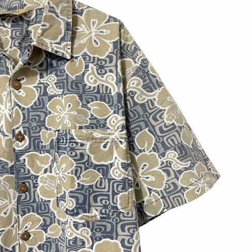 پیراهن آستین کوتاه هاوایی طوسی بژ با طرح گل درشت استوایی