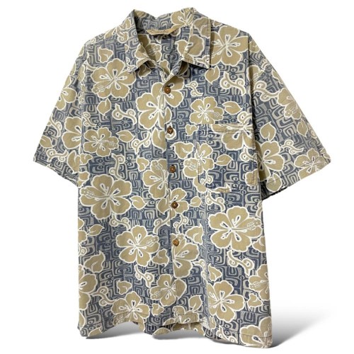 پیراهن آستین کوتاه هاوایی طوسی بژ با طرح گل درشت استوایی