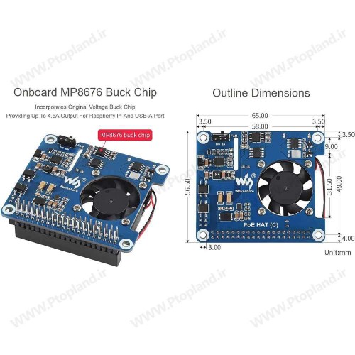 هت PoE رزبری پای 3B+/4B مدل C برند Waveshare