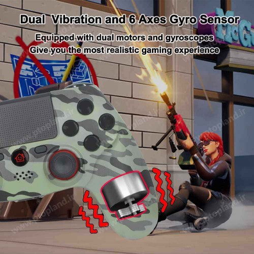 دسته بازی بی‌سیم سازگار با کنسول PS4/Pro/Slim گیم‌پد با ویبره, ژیروسکوپ ۶ محوره, عملکرد صوتی, تاچ‌پد, طرح استتار ارتشی